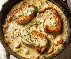 Juicy pork chops topped with a rich, creamy garlic sauce served on a white plate.