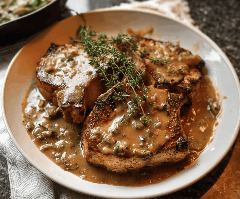 Juicy pork chops topped with rich, savory pan gravy served on a plate, perfect for a delicious dinner