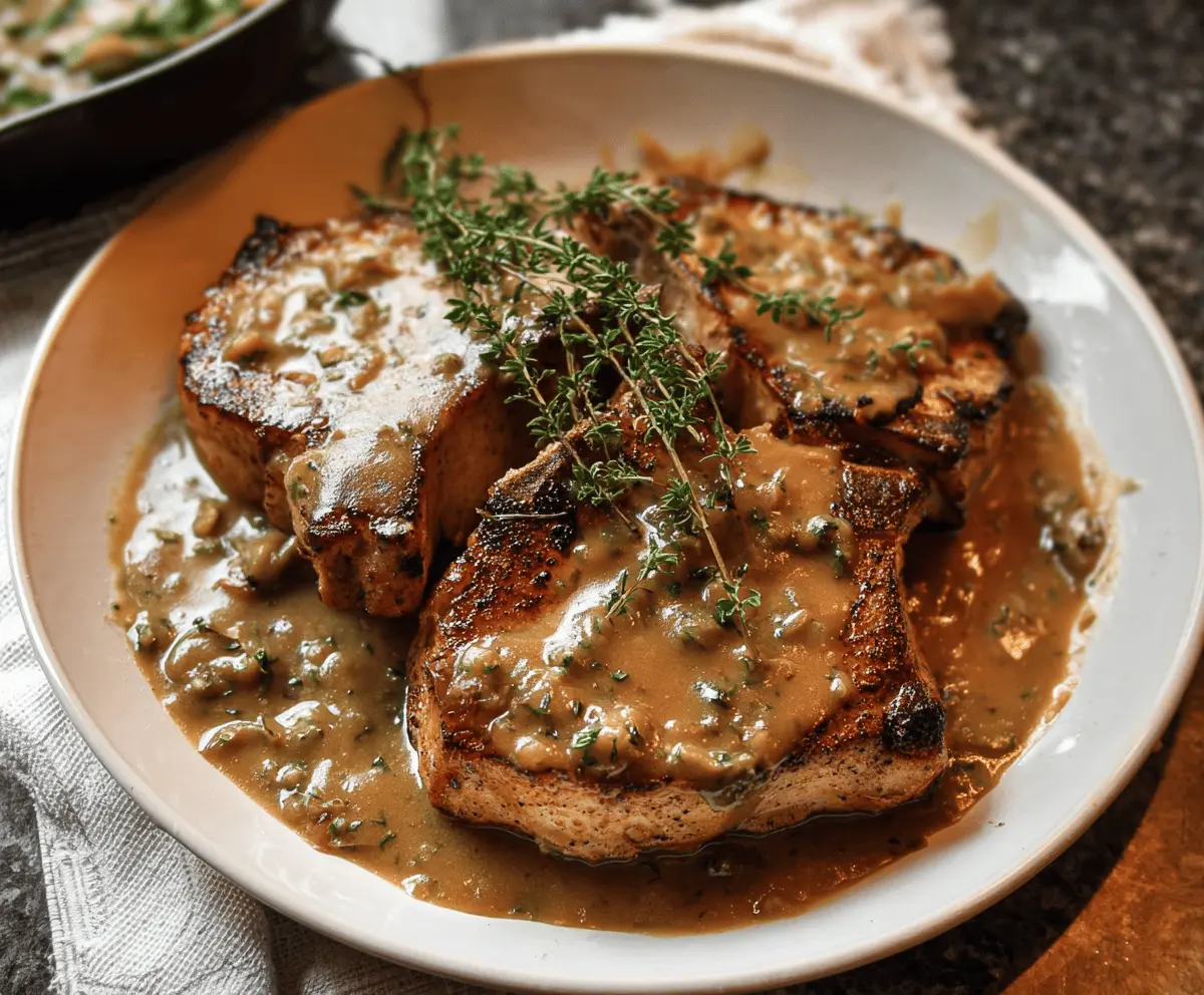 Juicy pork chops topped with rich, savory pan gravy served on a plate, perfect for a delicious dinner