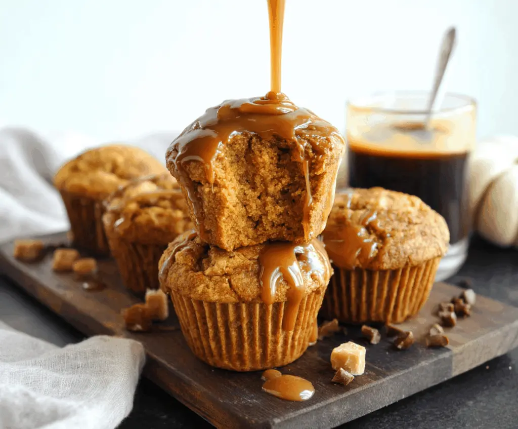 Delicious homemade pumpkin caramel muffins topped with a drizzle of caramel sauce and a sprinkle of cinnamon, perfect for fall desserts.