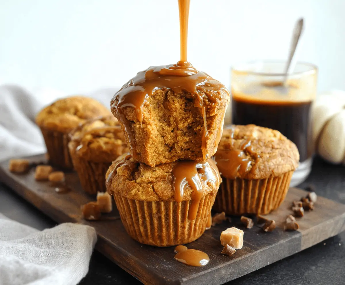 Delicious homemade pumpkin caramel muffins topped with a drizzle of caramel sauce and a sprinkle of cinnamon, perfect for fall desserts.