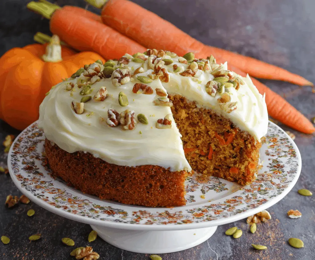 Delicious homemade pumpkin carrot cake topped with cream cheese frosting and garnished with chopped nuts and orange zest, perfect for fall desserts.
