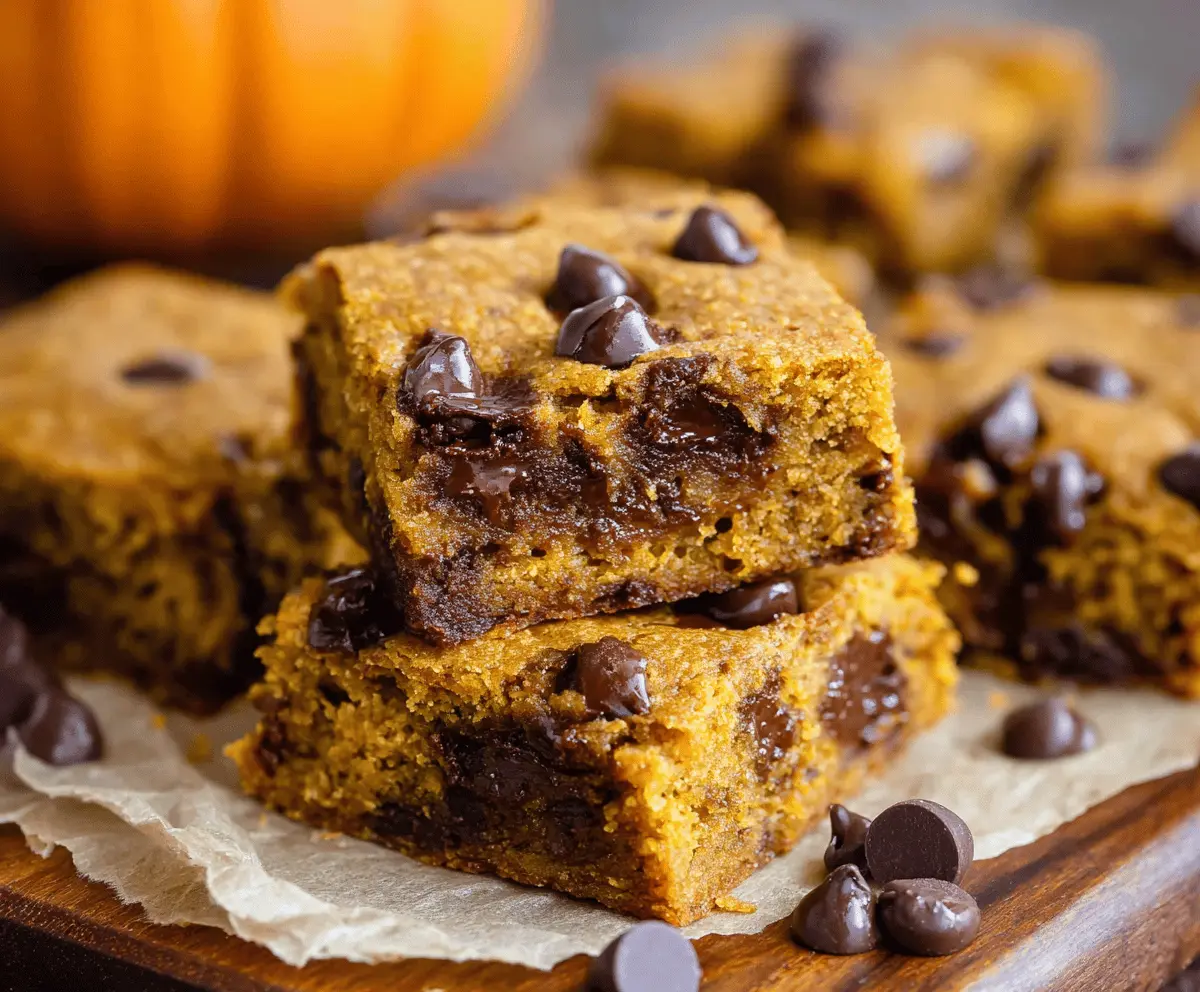 Delicious pumpkin chocolate chip bars fresh out of the oven, perfect for fall desserts.