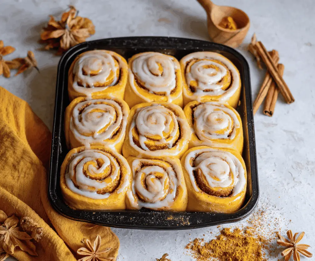 Delicious pumpkin cinnamon rolls topped with coffee maple frosting, served on a plate with a cup of coffee, perfect for fall desserts.
