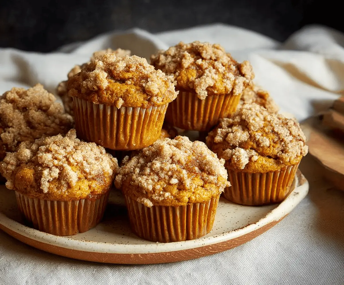 Delicious pumpkin coffee cake muffins topped with cinnamon streusel, perfect for fall breakfast or snack