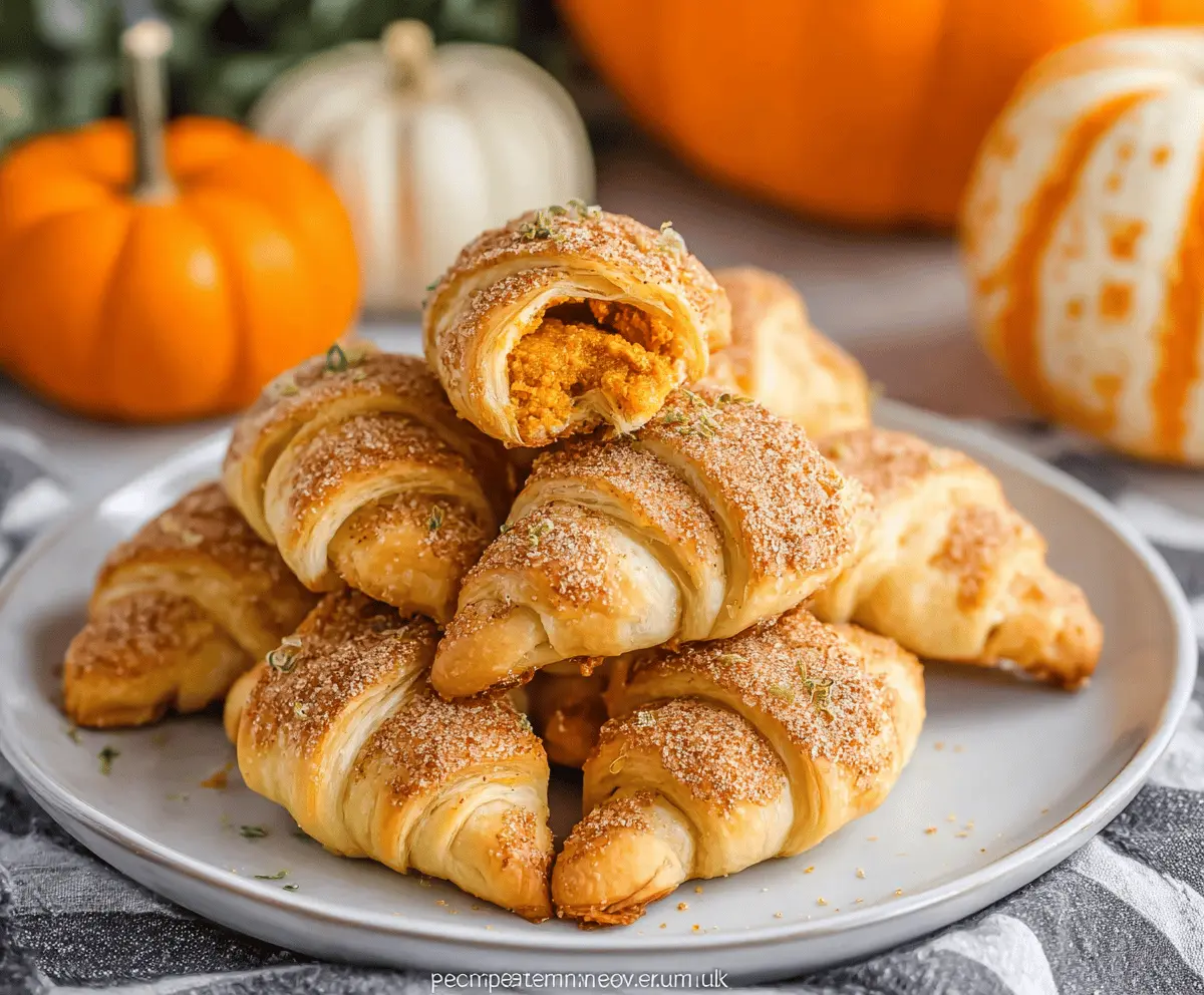 Delicious homemade pumpkin crescent bites with flaky golden pastry and warm pumpkin filling on a white plate, perfect for fall snacks or parties.