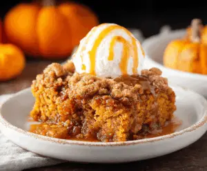 Delicious pumpkin dump cake topped with whipped cream and cinnamon, ready to serve during fall desserts.
