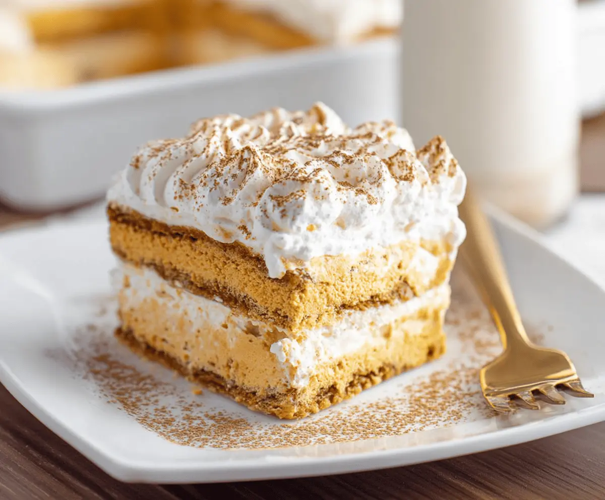Delicious Pumpkin Icebox Cake layered with whipped cream and pumpkin filling, garnished with cinnamon and crushed graham crackers, perfect for fall dessert.