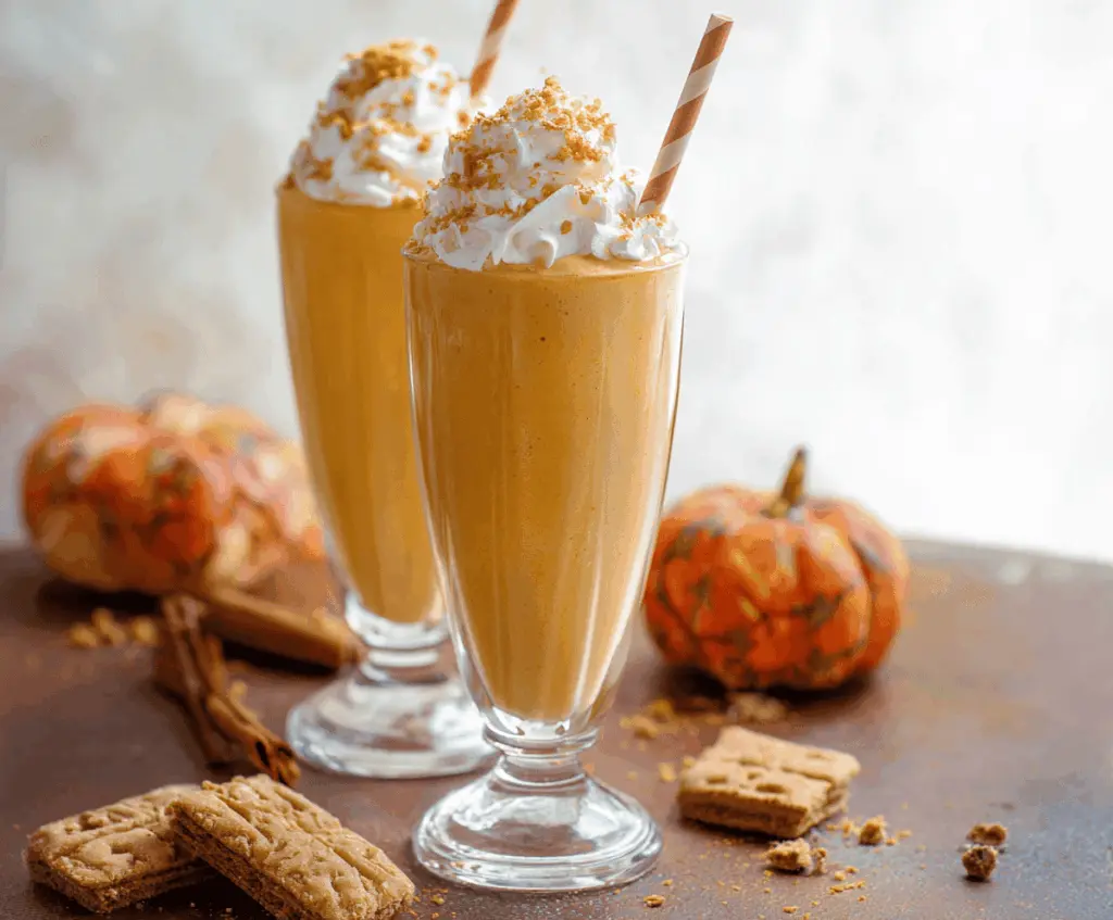 Creamy pumpkin milkshake topped with whipped cream and cinnamon, served in a glass with a straw, perfect for fall dessert.