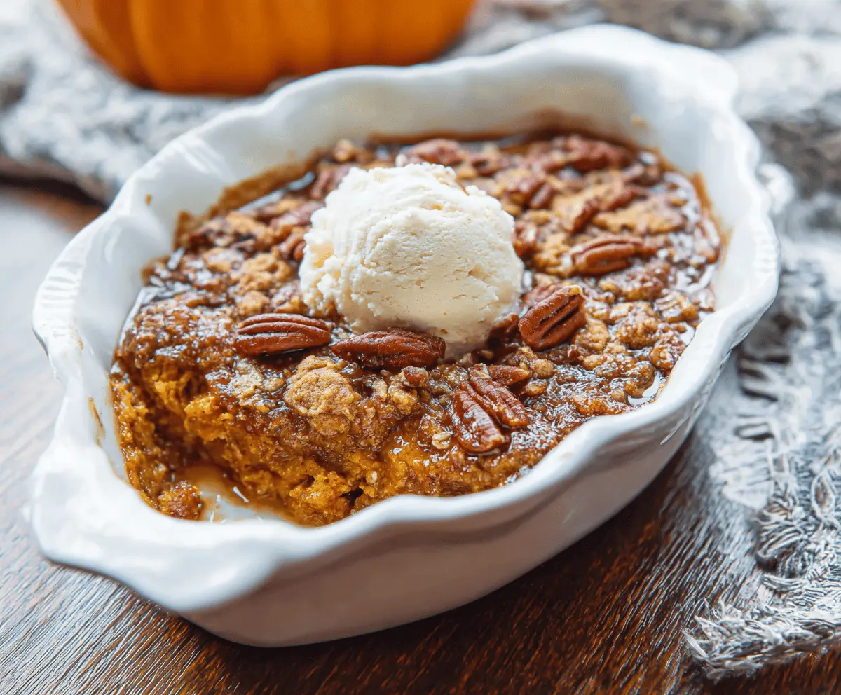 Delicious Pumpkin Pecan Cobbler topped with toasted pecans and warm cinnamon spices, perfect for fall dessert