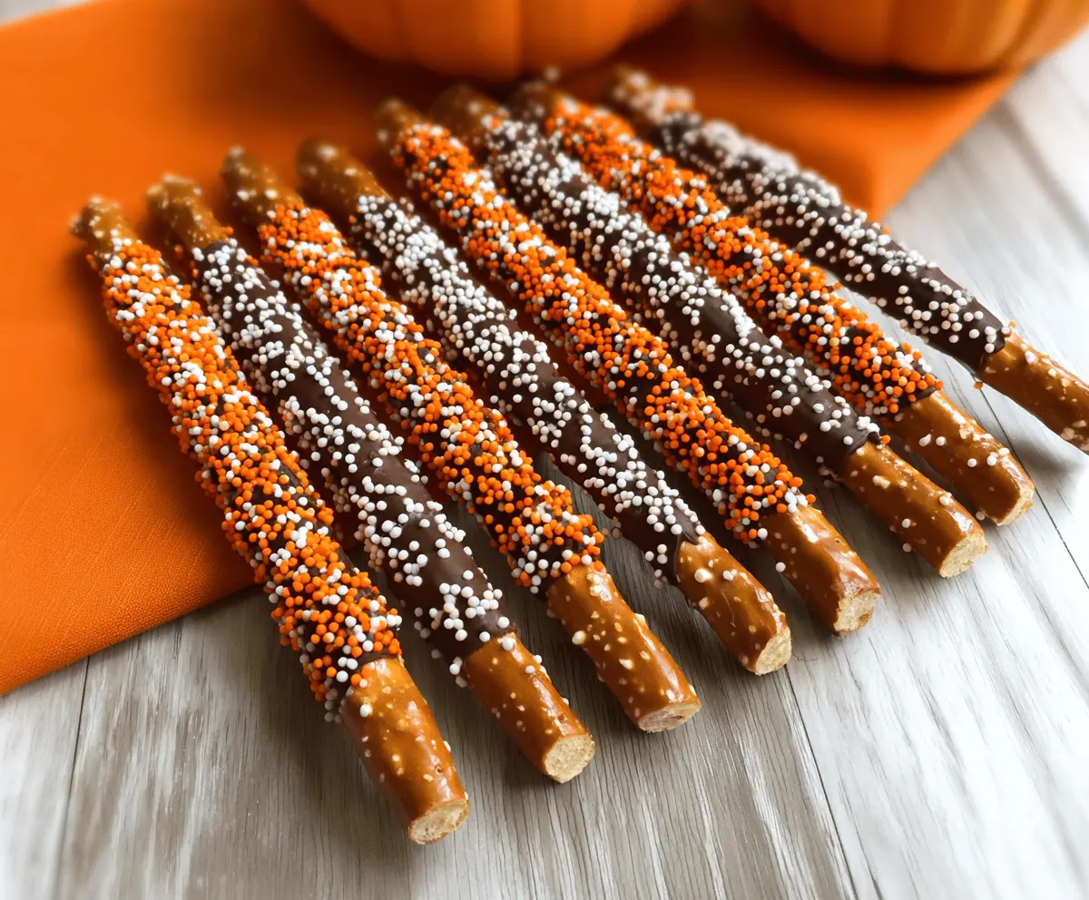 Delicious pumpkin-shaped pretzel rods dipped in orange chocolate with festive sprinkles, perfect for fall treats and Halloween parties.