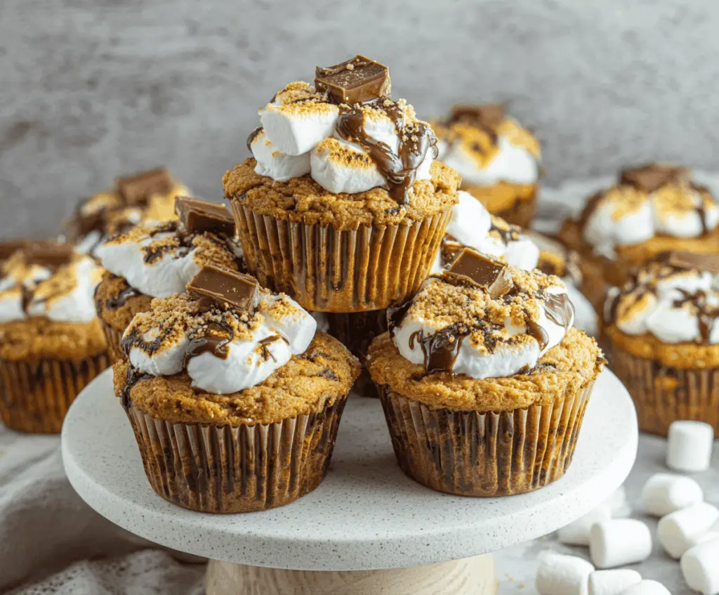 Delicious Pumpkin S'mores Muffins topped with marshmallows and chocolate, perfect for fall baking