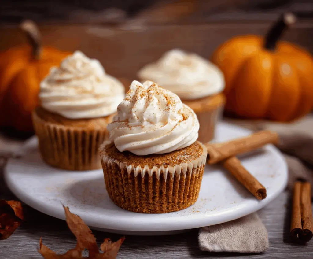 Delicious pumpkin spice cupcakes topped with creamy frosting and a sprinkle of cinnamon, perfect for fall desserts