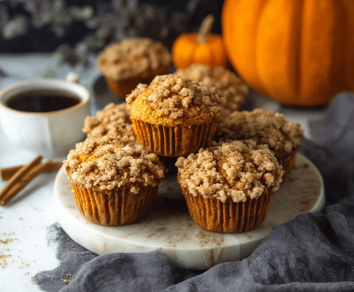 Freshly baked Pumpkin Streusel Muffins with a golden crumb topping on a rustic plate, perfect for fall breakfast or snack.