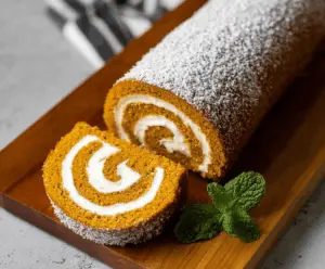 Delicious homemade pumpkin Swiss roll with creamy filling and festive autumn decorations
