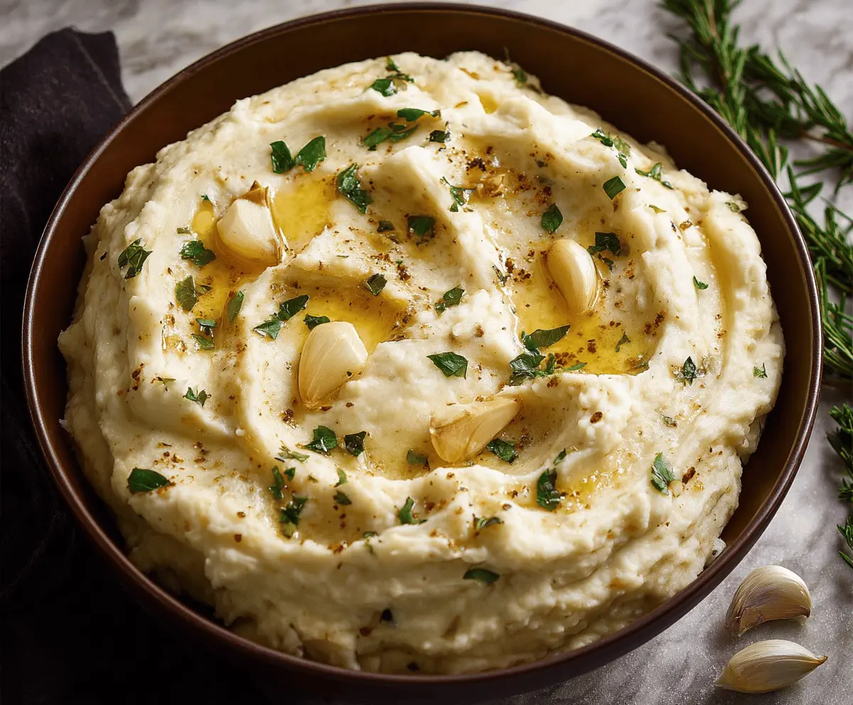 Creamy roasted garlic mashed potatoes served in a rustic bowl, perfect for holiday dinners.