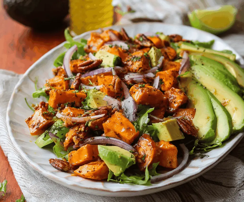 Colorful roasted sweet potato and creamy avocado salad topped with fresh herbs, perfect for a healthy, vegetarian meal