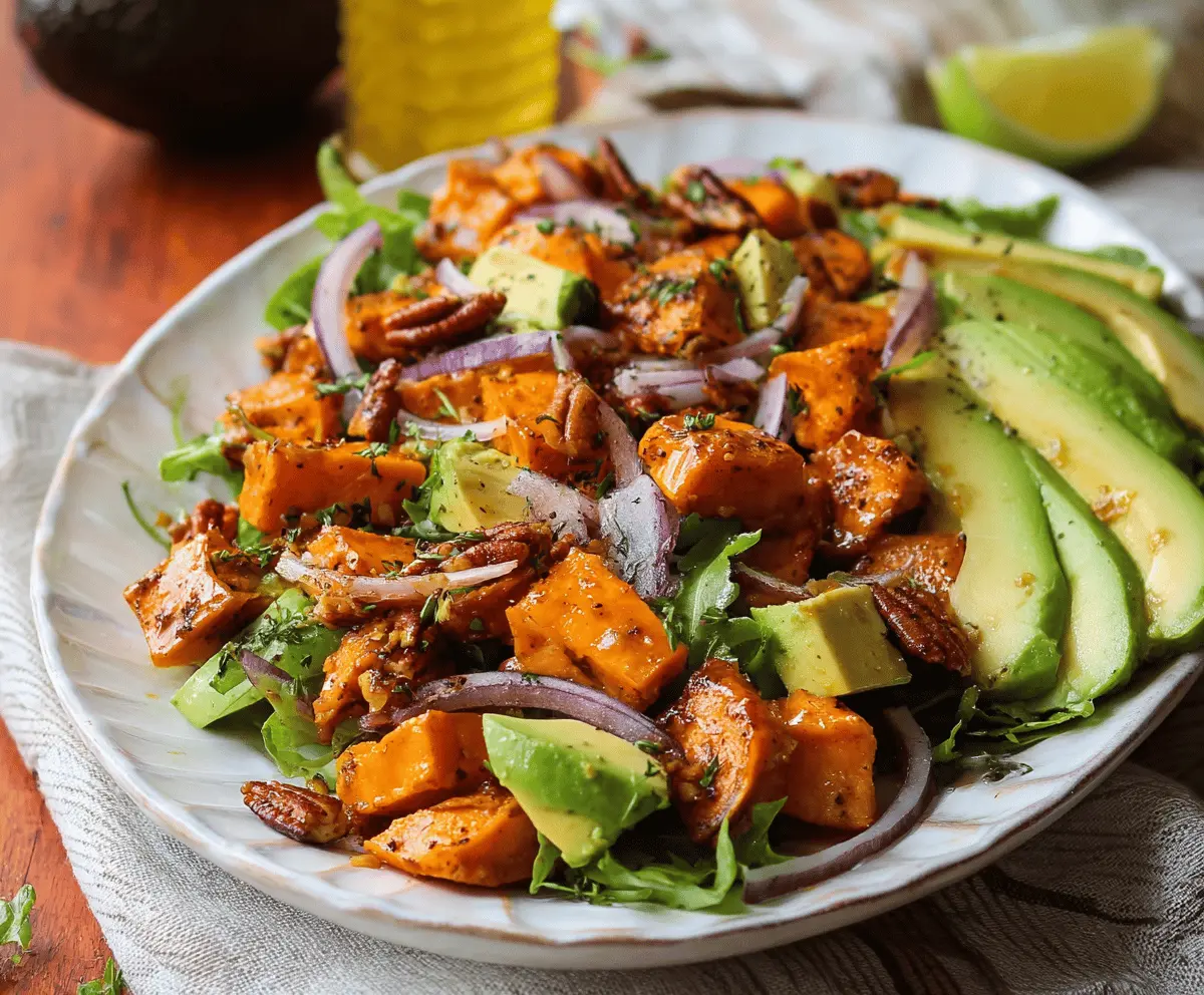Colorful roasted sweet potato and creamy avocado salad topped with fresh herbs, perfect for a healthy, vegetarian meal