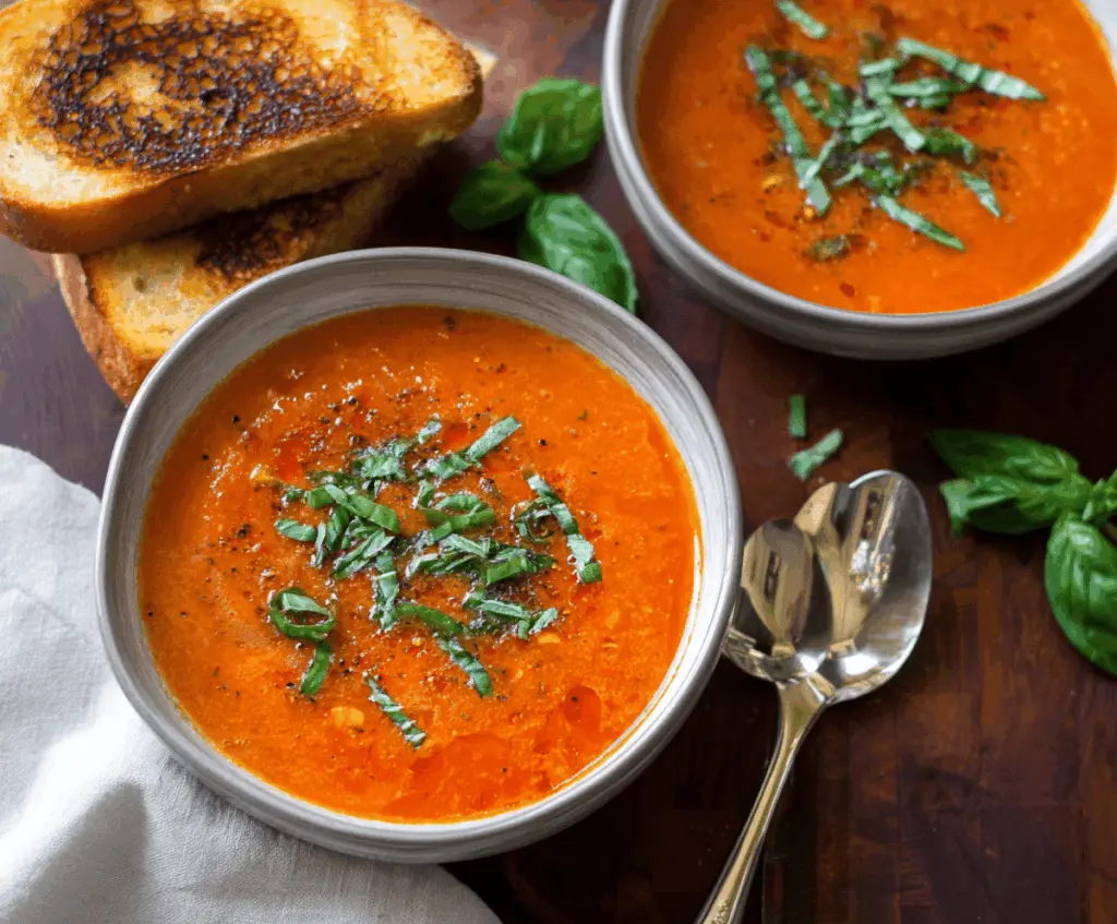 Creamy roasted tomato basil soup served in a bowl with fresh basil leaves and crusty bread on the side, perfect for a comforting meal.