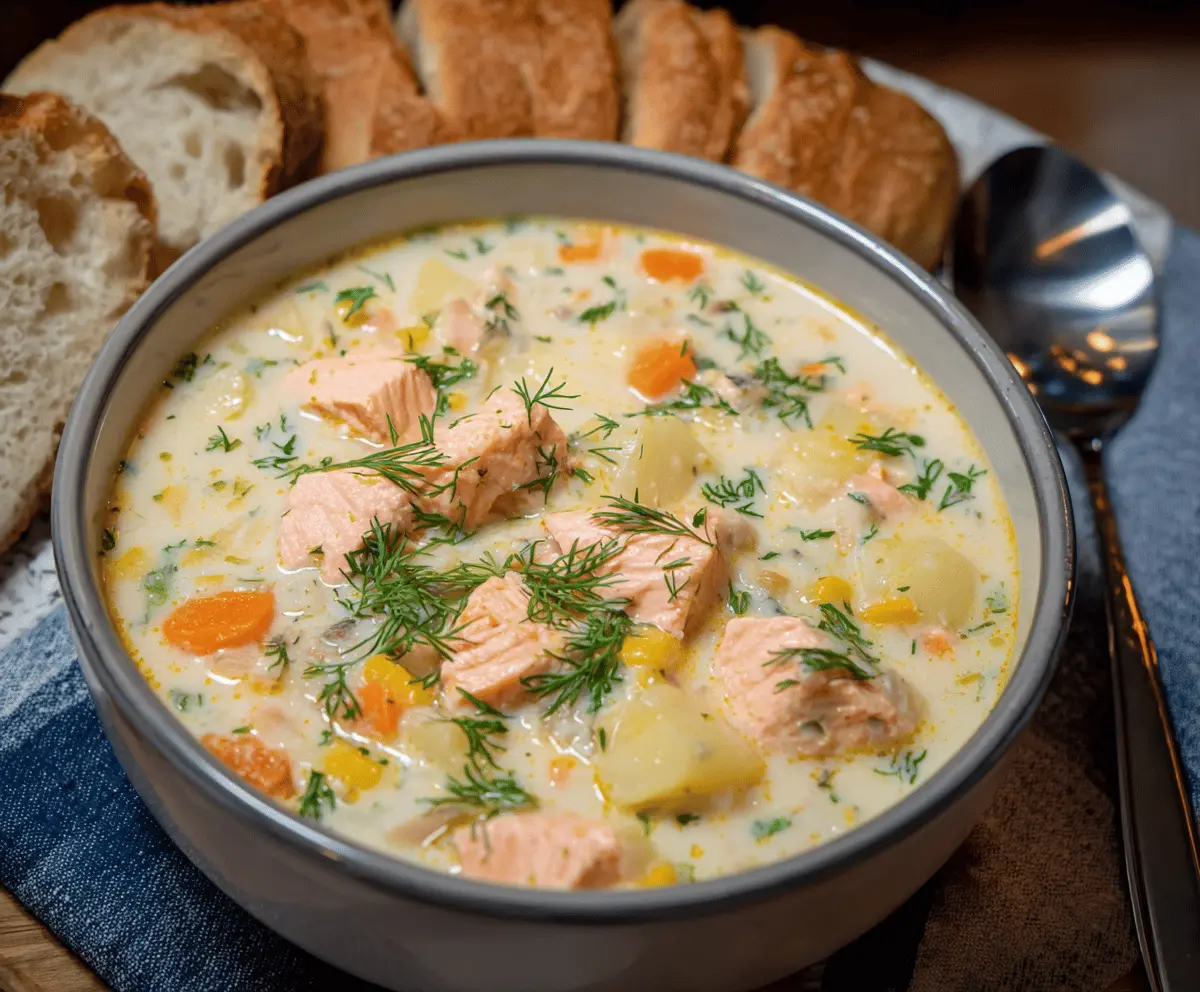 Creamy salmon chowder soup with fresh salmon pieces, diced potatoes, corn, and herbs in a bowl, perfect for a hearty meal.