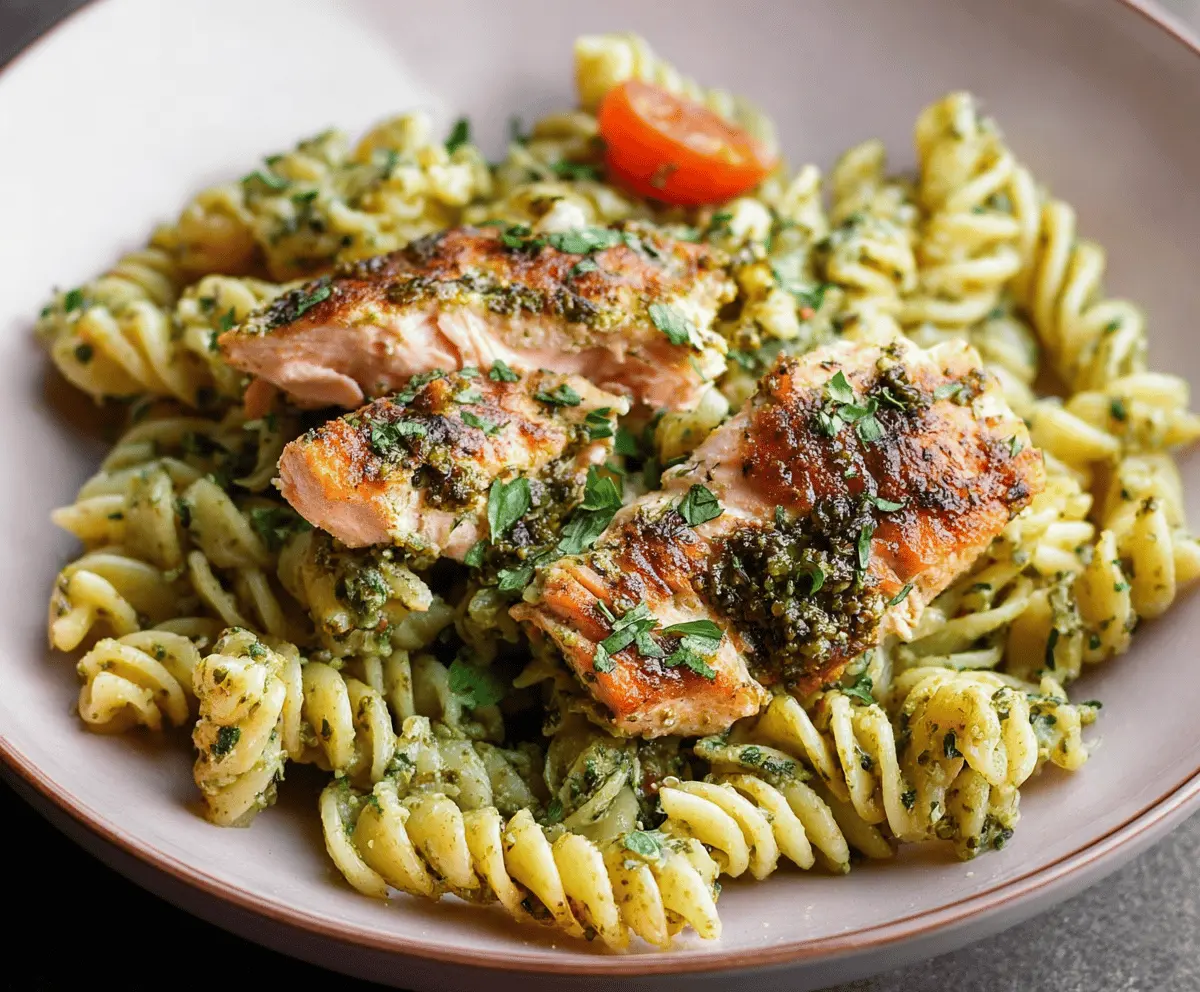 Delicious salmon pesto pasta garnished with fresh basil and cherry tomatoes on a white plate