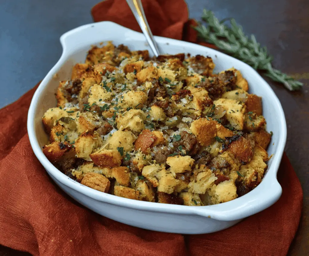 Delicious sausage and herb stuffing served as a flavorful side dish for holiday meals.