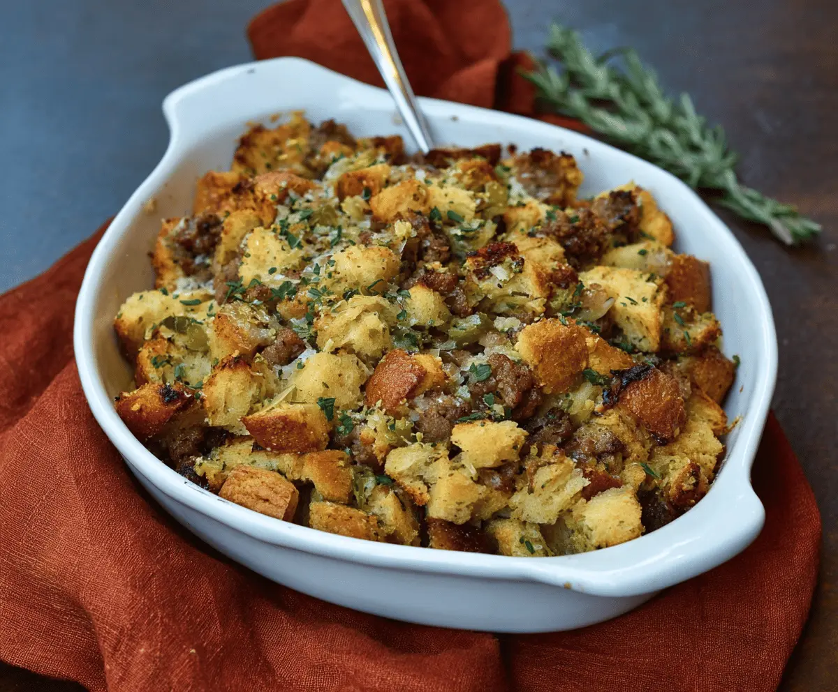 Delicious sausage and herb stuffing served as a flavorful side dish for holiday meals.
