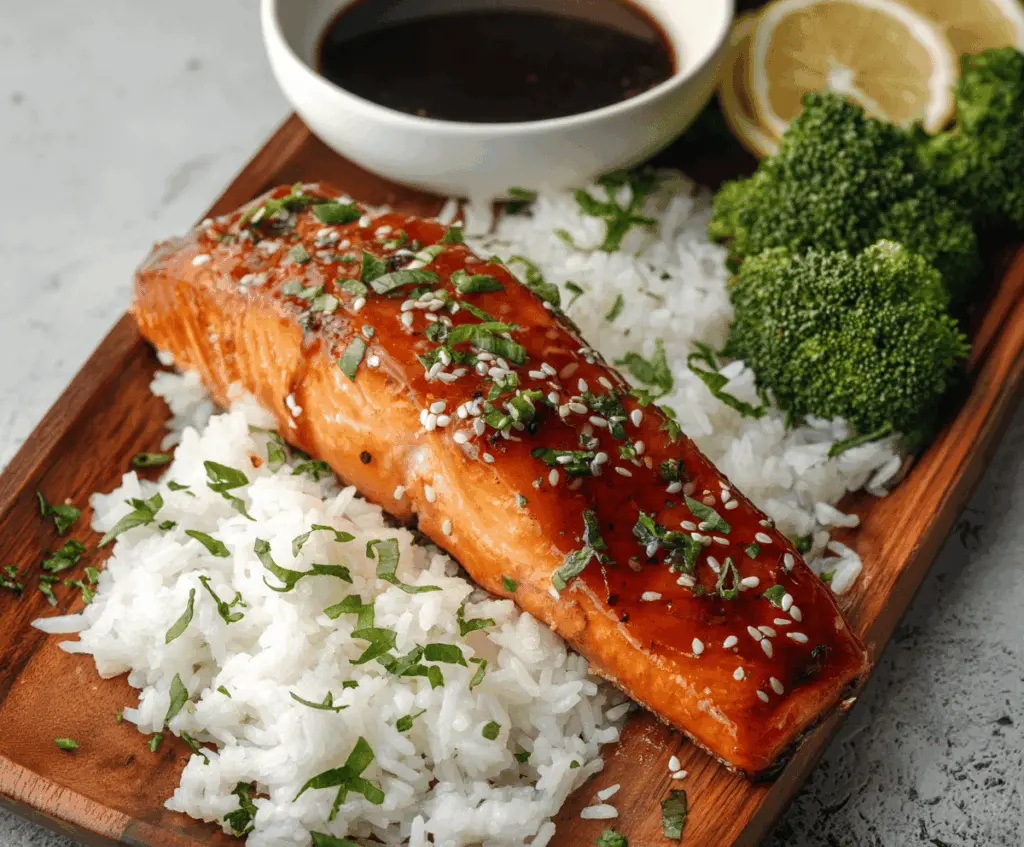 Delicious savory teriyaki salmon fillet garnished with green onions and sesame seeds on a white plate, served with steamed vegetables