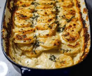 Creamy scalloped potatoes baked to perfection with golden cheese crust, served in a casserole dish, ideal for comforting side dishes.
