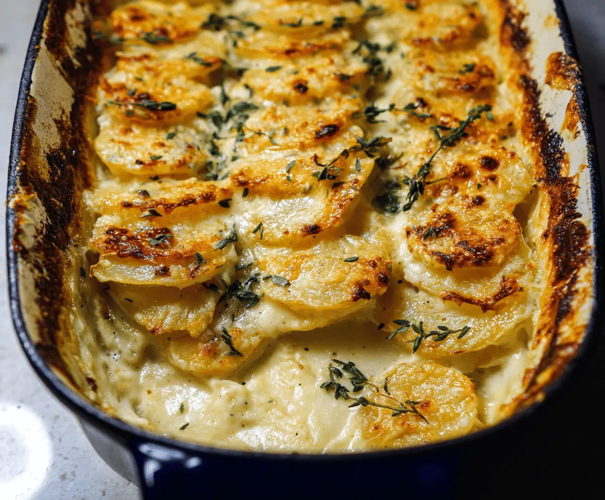 Creamy scalloped potatoes baked to perfection with golden cheese crust, served in a casserole dish, ideal for comforting side dishes.