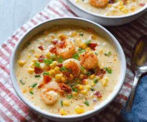 Creamy shrimp and corn chowder in a bowl topped with fresh herbs, served with crusty bread on a rustic table.