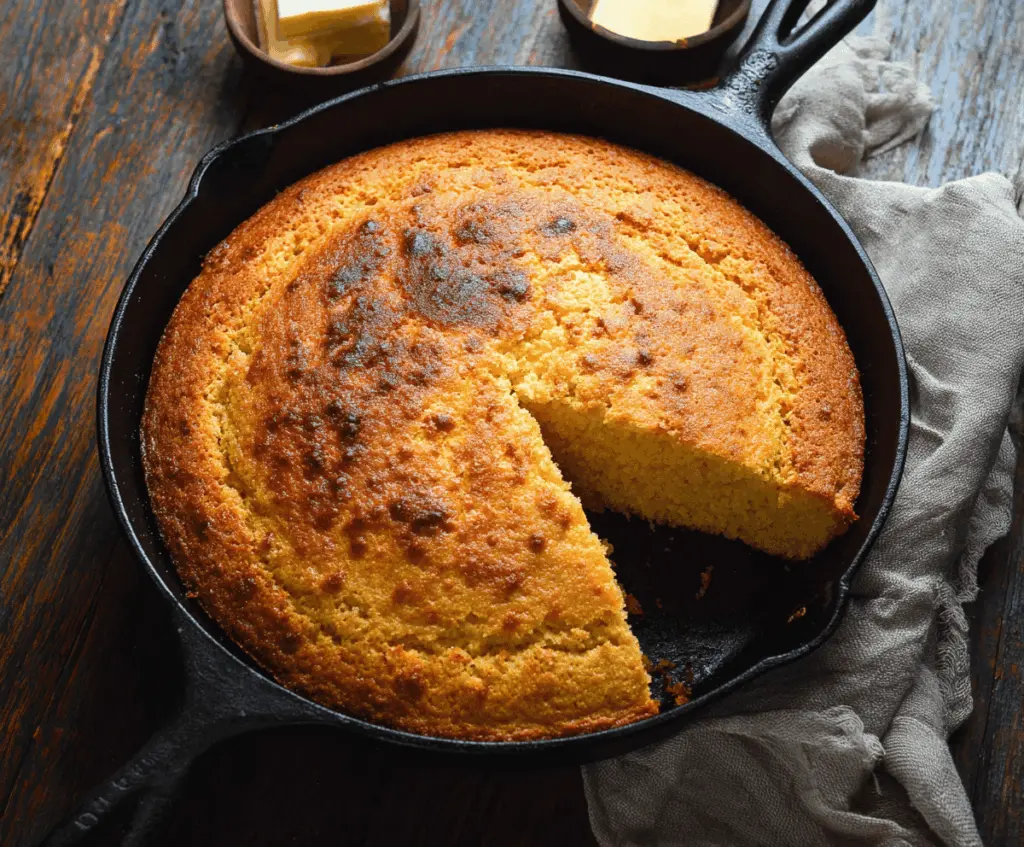 Golden skillet cornbread fresh out of the oven, showcasing a crispy crust and moist, buttery interior perfect for serving as a comforting side dish.
