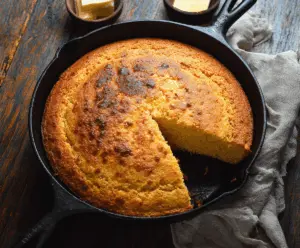 Golden skillet cornbread fresh out of the oven, showcasing a crispy crust and moist, buttery interior perfect for serving as a comforting side dish.