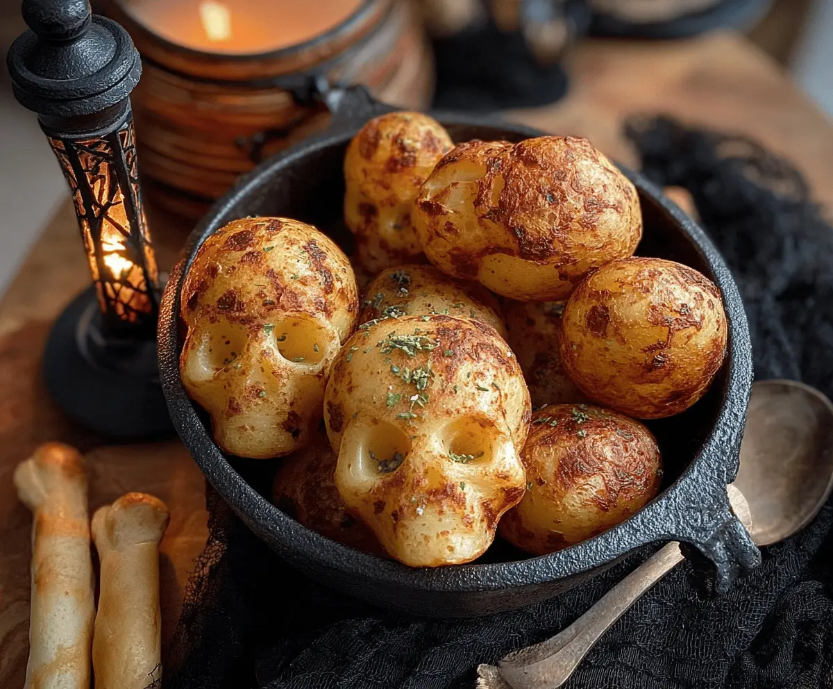 Decorative skull-shaped potatoes served with bone-shaped breadsticks for a spooky Halloween-themed snack.