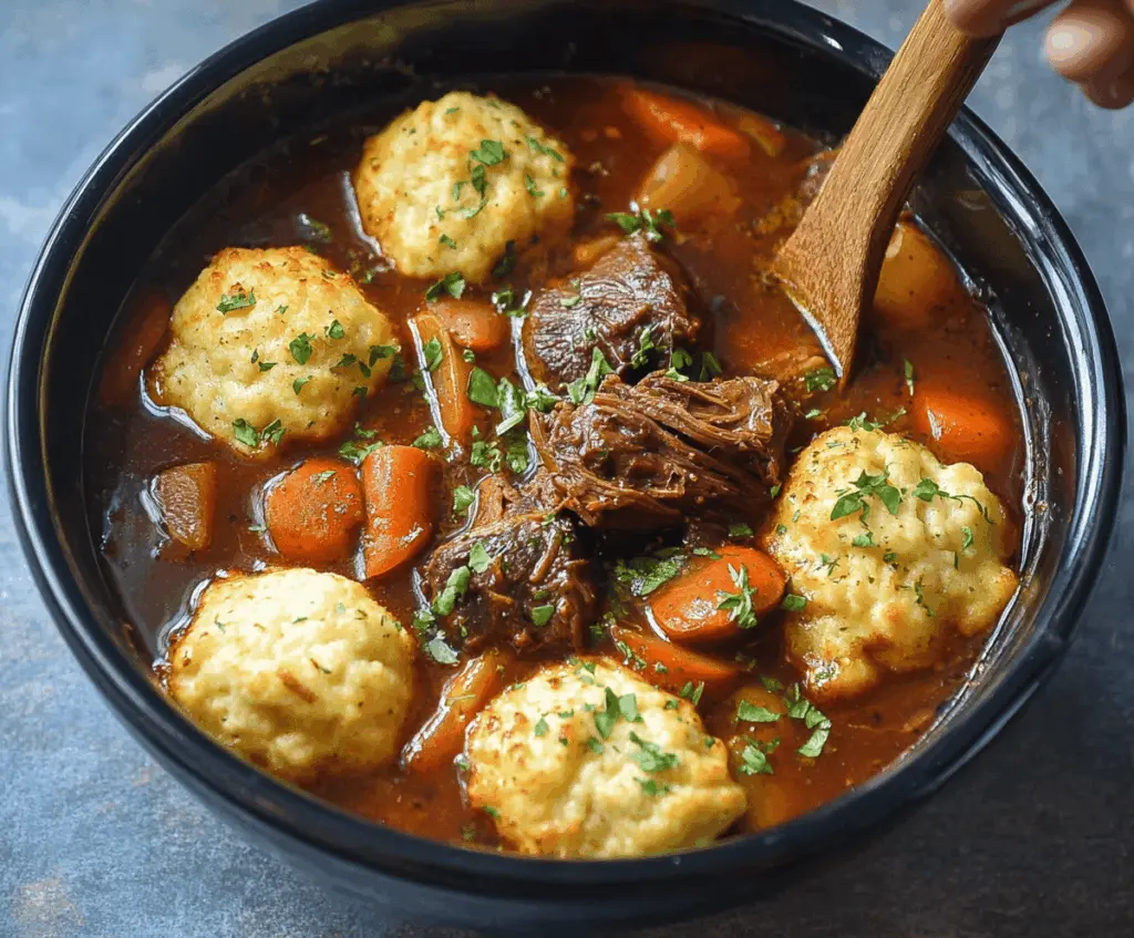 Hearty slow cooker beef stew with tender beef chunks, vegetables, and fluffy dumplings in a savory broth