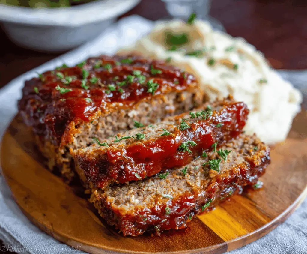 Delicious homemade slow cooker meatloaf garnished with fresh herbs on a plate, ready to serve