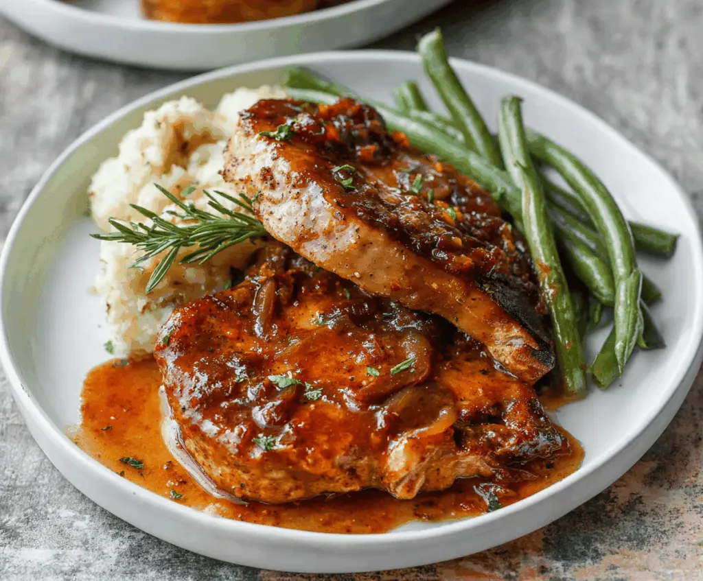 Juicy slow cooker pork chops served with fresh herbs and vegetables for a flavorful homemade meal