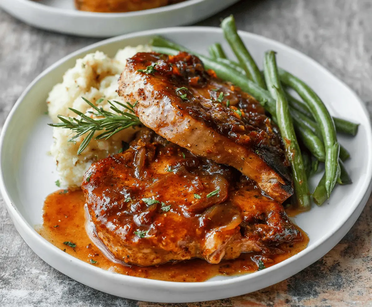 Juicy slow cooker pork chops served with fresh herbs and vegetables for a flavorful homemade meal