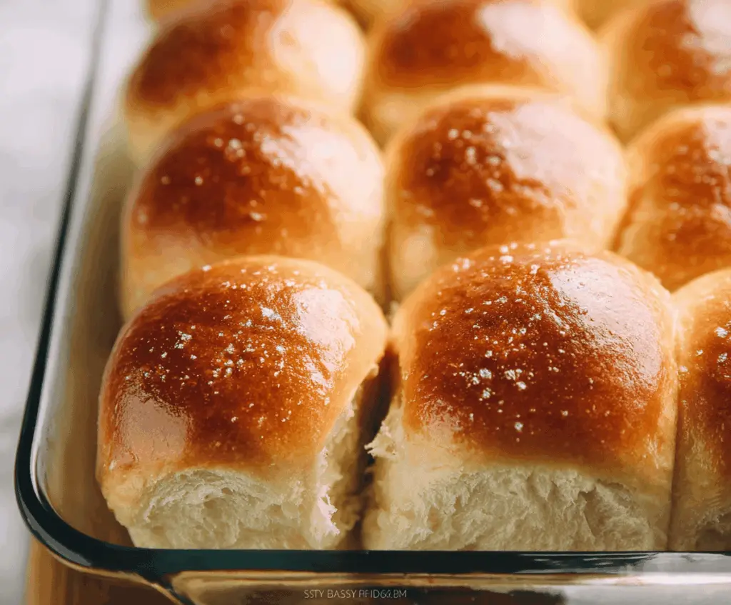 Freshly baked soft dinner rolls on a rustic wooden table, golden brown and fluffy.