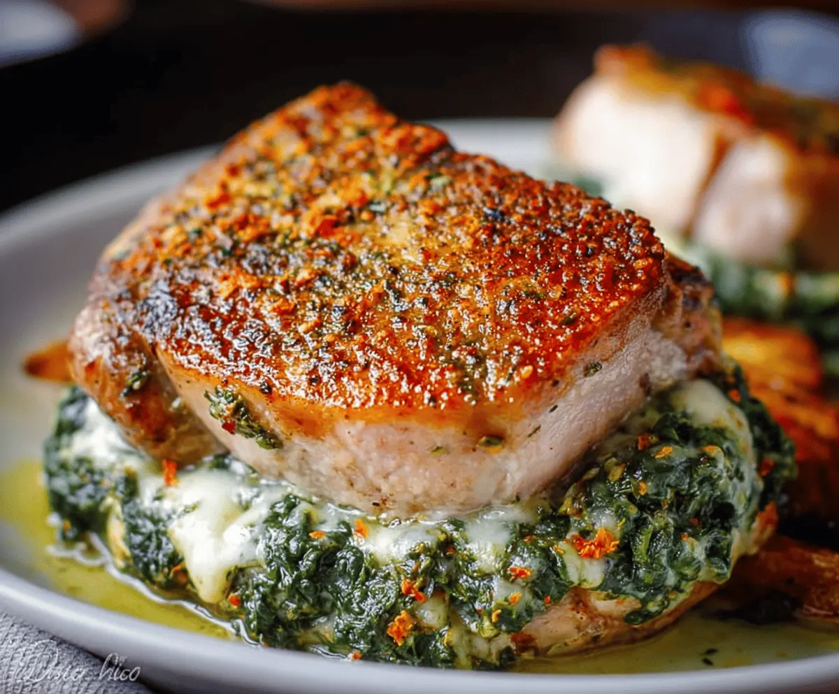 Juicy pork chops stuffed with fresh spinach and melted cheese on a serving plate.