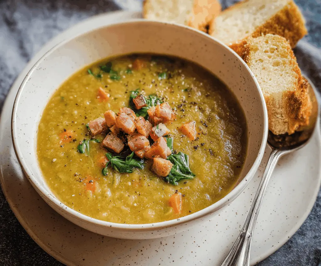 Creamy green split pea soup served in a bowl with fresh herbs and a slice of crusty bread on the side.