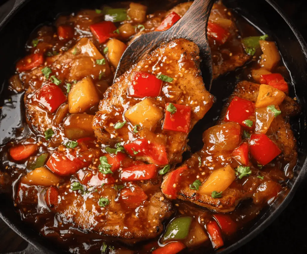 Delicious sweet and sour pork chops garnished with fresh herbs, served on a plate with colorful vegetables and a tangy sauce.