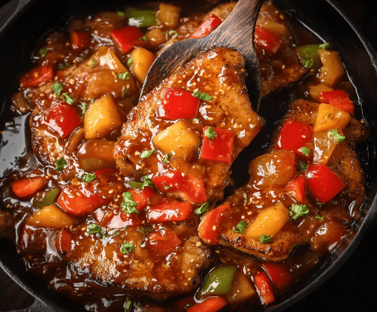 Delicious sweet and sour pork chops garnished with fresh herbs, served on a plate with colorful vegetables and a tangy sauce.