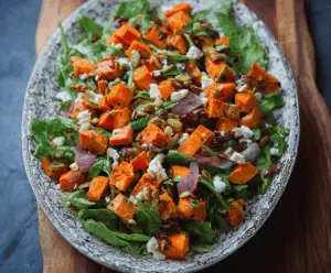 Colorful sweet potato and feta salad with fresh greens, cherry tomatoes, and a drizzle of dressing, perfect for a healthy and delicious meal.