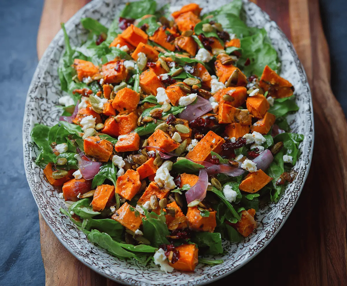 Colorful sweet potato and feta salad with fresh greens, cherry tomatoes, and a drizzle of dressing, perfect for a healthy and delicious meal.