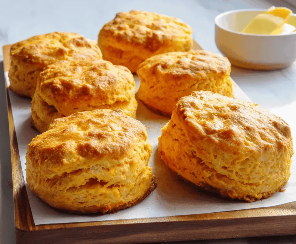 Golden, flaky sweet potato biscuits fresh out of the oven, showcasing their soft interior and crisp, buttery exterior perfect for breakfast or side dish