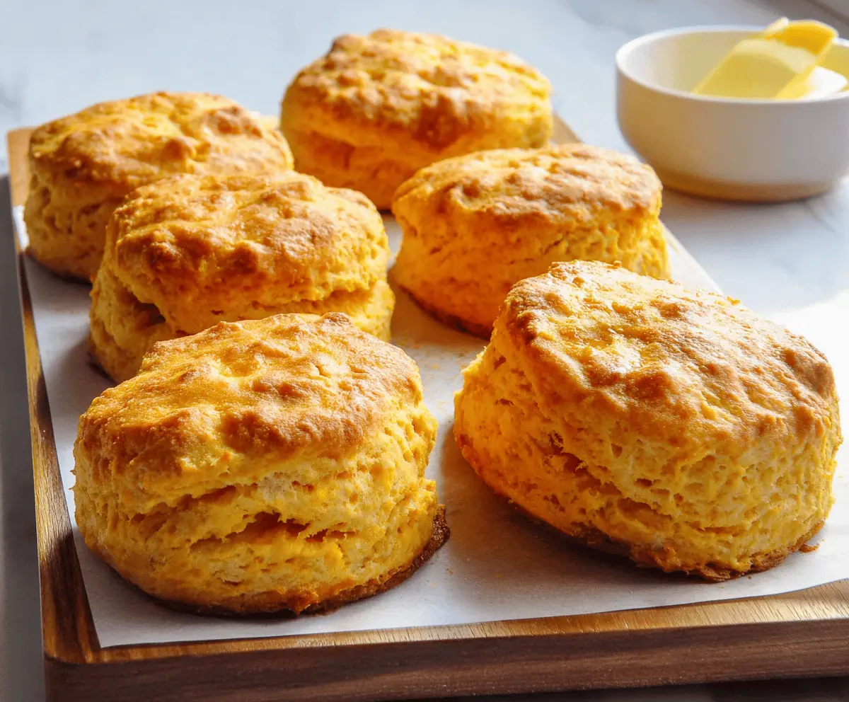 Golden, flaky sweet potato biscuits fresh out of the oven, showcasing their soft interior and crisp, buttery exterior perfect for breakfast or side dish