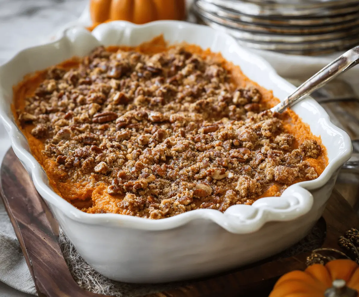 Creamy sweet potato casserole topped with crunchy pecan streusel, perfect for holiday dinners and family gatherings.