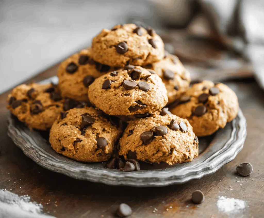 Delicious homemade sweet potato chocolate chip cookies on a plate, showcasing moist sweet potato-infused cookie dough with chocolate chips, perfect for a healthy treat.