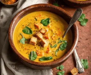 Creamy sweet potato curry soup garnished with fresh herbs in a bowl, perfect for a warm, flavorful meal.